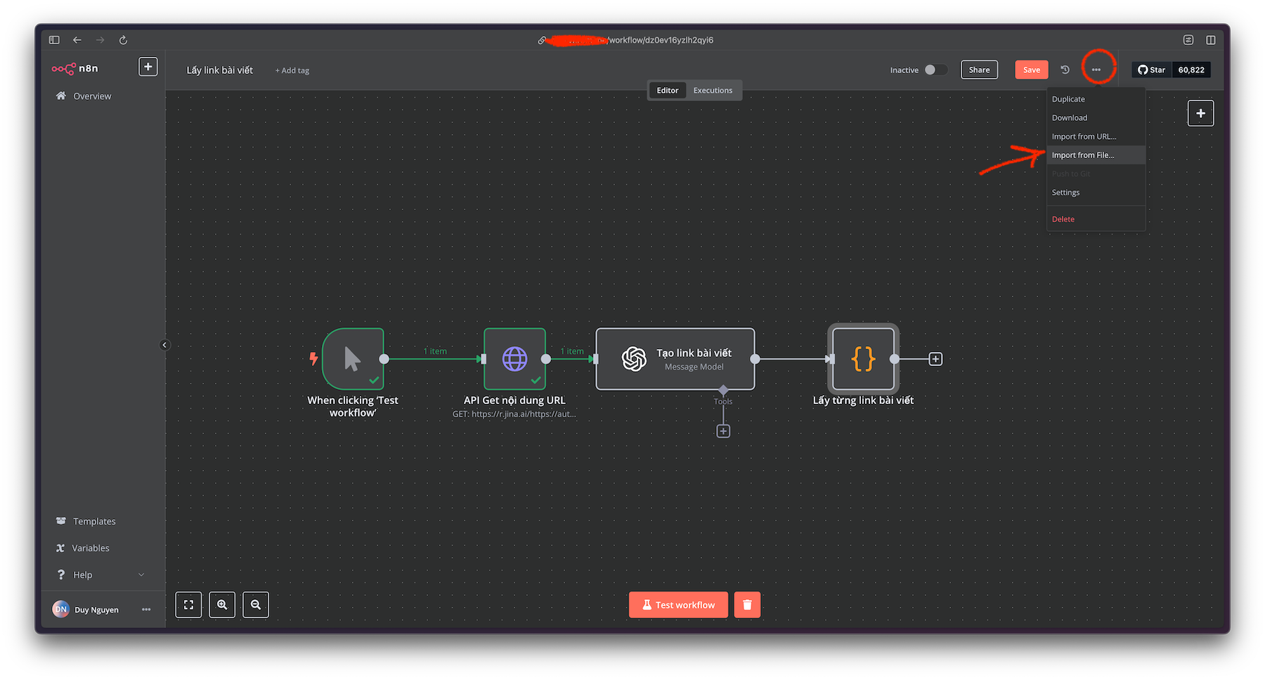 Workflow lấy URL bài viết trên website
